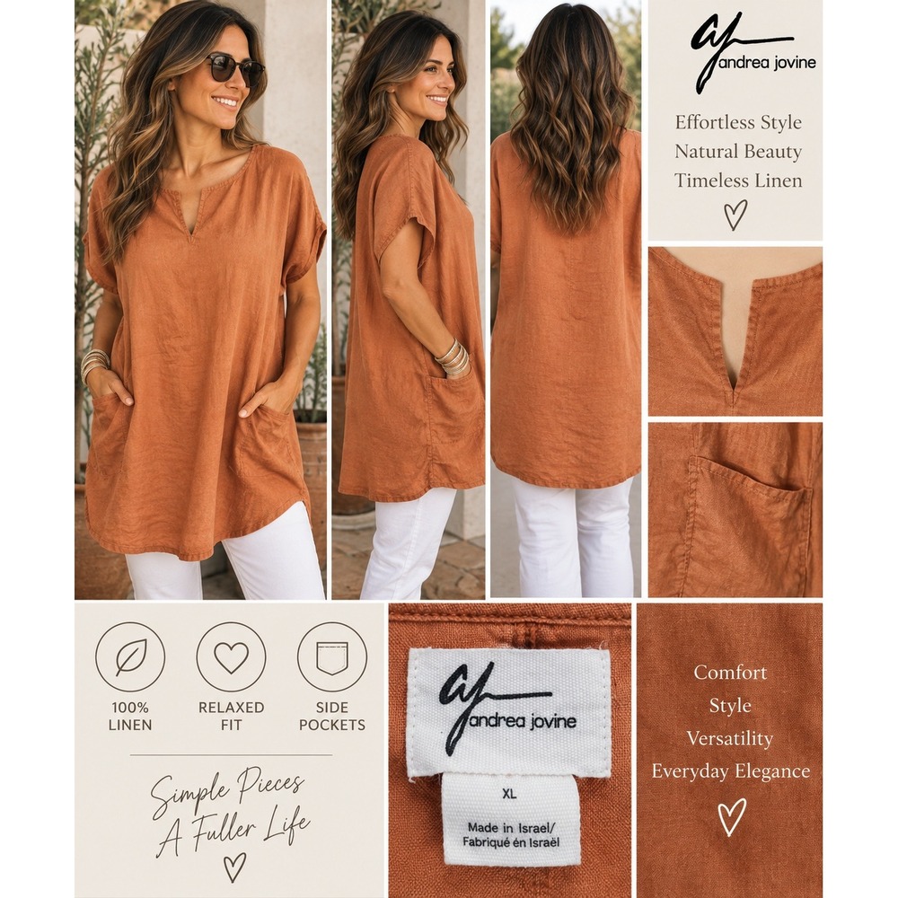 Andrea Jovine 100% Linen Relaxed Fit Tunic Top Burnt Orange XL Pockets Boho